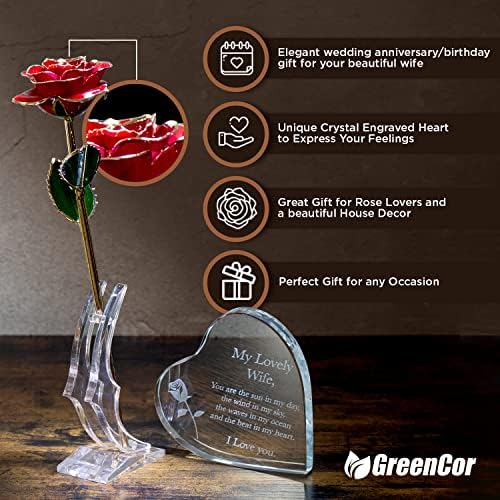 יום השנה לגרינקור לאישה / לה / נשים ערכת מתנות עץ חרוטה 'לאשתי היפה' כוללת לב חרוט קריסטל | ורד טבול